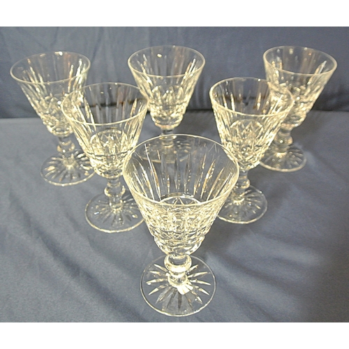 188 - Set of 6 Waterford Crystal cut glass flared wine glasses with diamond decoration & knop stems