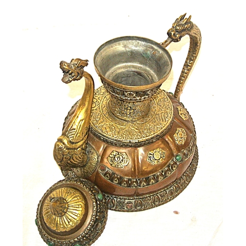 194 - Oriental brass and copper kettle with foliate and dragon decoration
