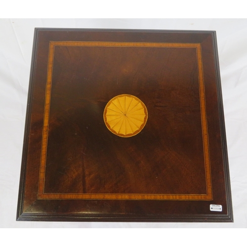 196 - Edwardian design inlaid and crossbanded mahogany revolving bookcase with railed sides, in shaped bas... 