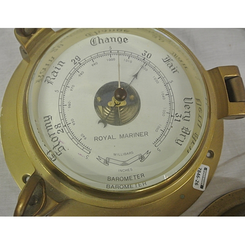 208 - Royal Mariner round ships barometer with enamel dial, together with pressure gauge & ship's bell