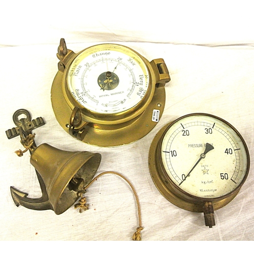 208 - Royal Mariner round ships barometer with enamel dial, together with pressure gauge & ship's bell