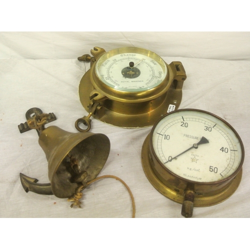 208 - Royal Mariner round ships barometer with enamel dial, together with pressure gauge & ship's bell