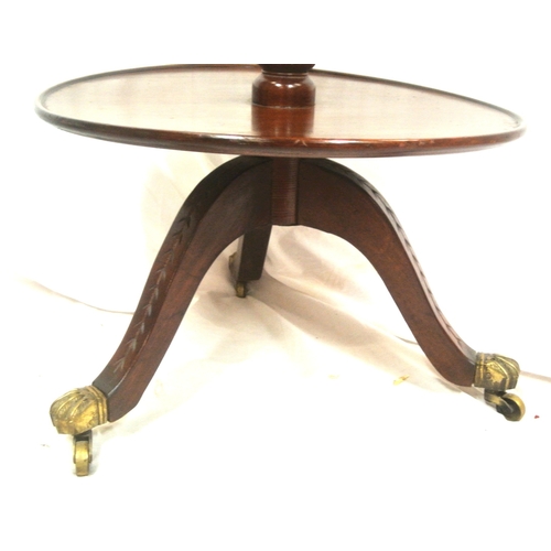215 - Edwardian mahogany 4 tier round dumbwaiter with raised rims, baluster columns, on hipped tripod with... 