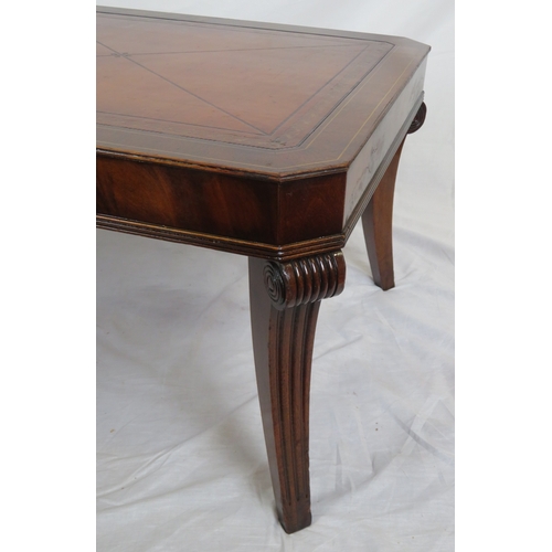 216 - Edwardian inlaid mahogany oblong coffee or occasional table with leatherette inset, on shaped reeded... 