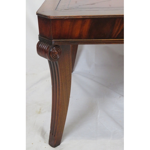 216 - Edwardian inlaid mahogany oblong coffee or occasional table with leatherette inset, on shaped reeded... 