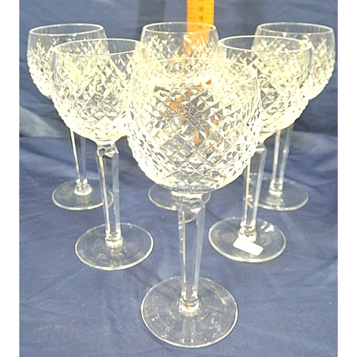 223 - Set of 6 Waterford Crystal cut glass long stemmed hock glasses with strawberry diamonds