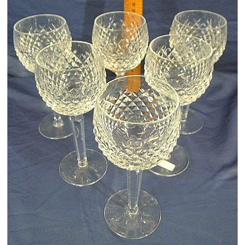 223 - Set of 6 Waterford Crystal cut glass long stemmed hock glasses with strawberry diamonds