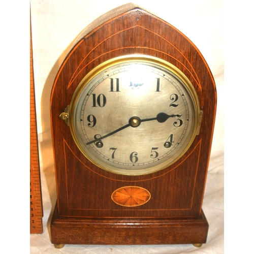 226 - Edwardian oak cased domed bracket clock with round brass framed dial and shell inlay