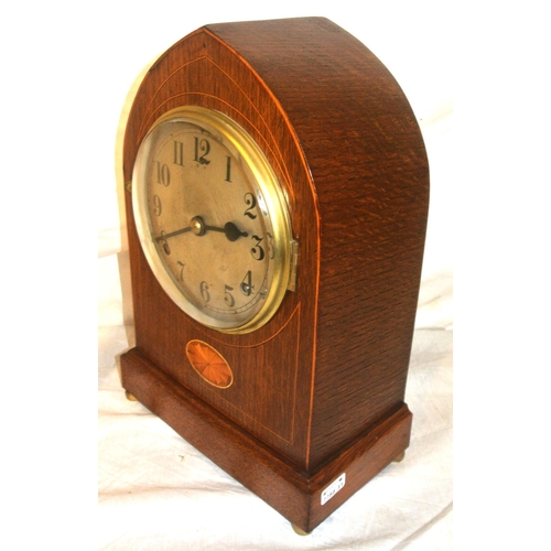 226 - Edwardian oak cased domed bracket clock with round brass framed dial and shell inlay