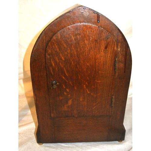 226 - Edwardian oak cased domed bracket clock with round brass framed dial and shell inlay