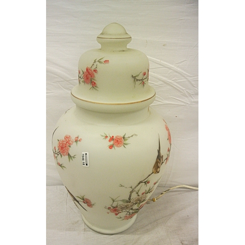 232 - Oriental style baluster shaped glass jar with bird & foliate decoration, converted to lamp