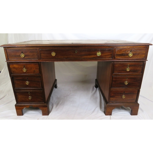 240 - Edwardian mahogany pedestal desk with 3 frieze drawers, 6 side drawers, round brass drop handles, on... 