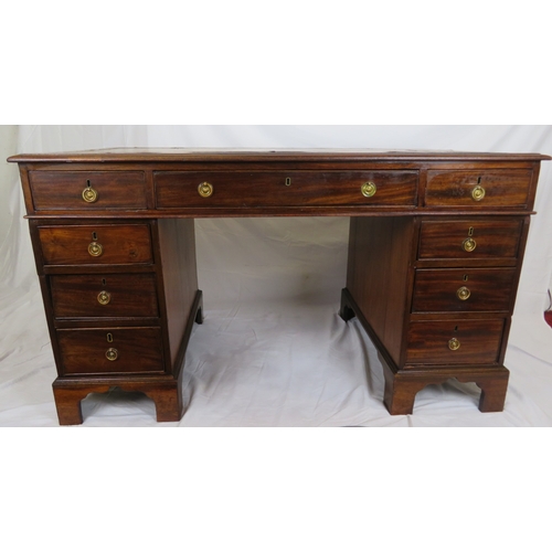 240 - Edwardian mahogany pedestal desk with 3 frieze drawers, 6 side drawers, round brass drop handles, on... 