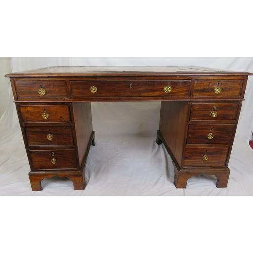 240 - Edwardian mahogany pedestal desk with 3 frieze drawers, 6 side drawers, round brass drop handles, on... 