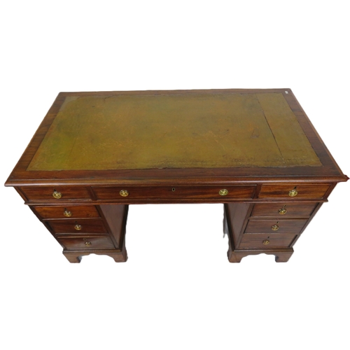 240 - Edwardian mahogany pedestal desk with 3 frieze drawers, 6 side drawers, round brass drop handles, on... 