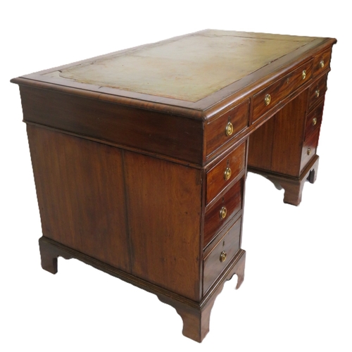 240 - Edwardian mahogany pedestal desk with 3 frieze drawers, 6 side drawers, round brass drop handles, on... 