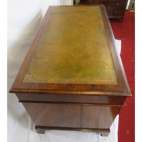 240 - Edwardian mahogany pedestal desk with 3 frieze drawers, 6 side drawers, round brass drop handles, on... 