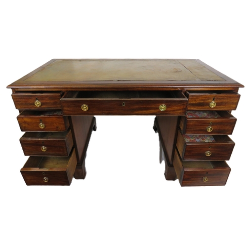 240 - Edwardian mahogany pedestal desk with 3 frieze drawers, 6 side drawers, round brass drop handles, on... 
