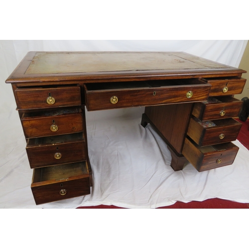 240 - Edwardian mahogany pedestal desk with 3 frieze drawers, 6 side drawers, round brass drop handles, on... 