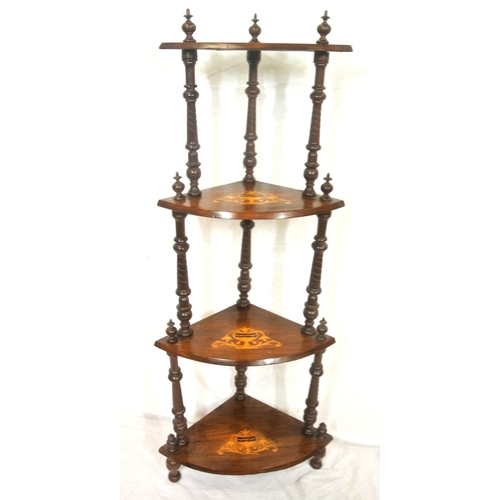 66 - Edwardian inlaid walnut 4-tier bowfronted whatnot with turned columns and foliate inlay