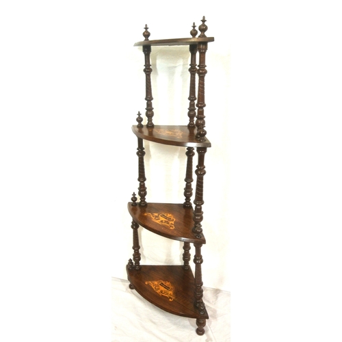 66 - Edwardian inlaid walnut 4-tier bowfronted whatnot with turned columns and foliate inlay