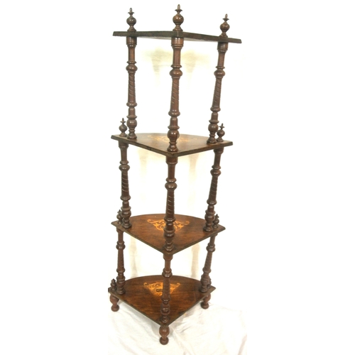 66 - Edwardian inlaid walnut 4-tier bowfronted whatnot with turned columns and foliate inlay