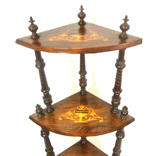 66 - Edwardian inlaid walnut 4-tier bowfronted whatnot with turned columns and foliate inlay