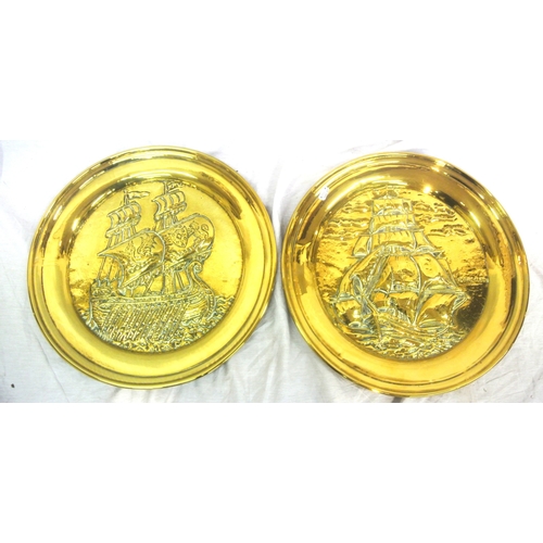 73 - Pair of round brass plaques with ship decoration