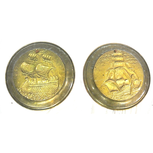 73 - Pair of round brass plaques with ship decoration