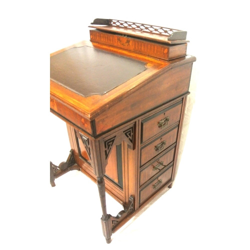 76 - Edwardian inlaid mahogany davenport with with lift-up lids, sectioned interior, leatherette inset, 4... 
