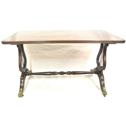 81 - Edwardian design mahogany coffee table with reeded borders, lyre supports on splayed legs with caste... 
