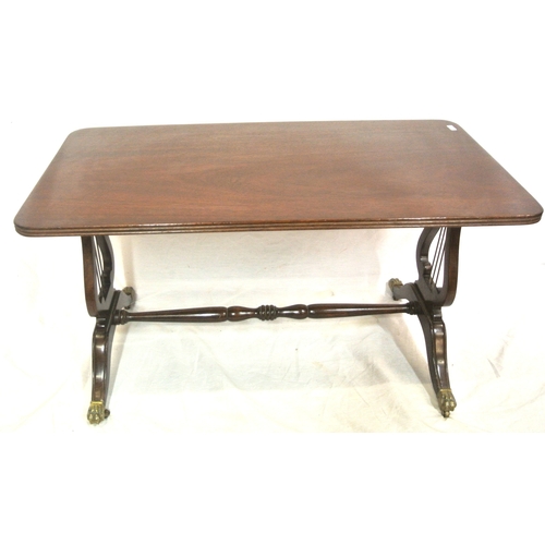 81 - Edwardian design mahogany coffee table with reeded borders, lyre supports on splayed legs with caste... 
