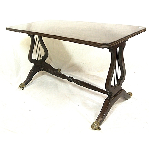 81 - Edwardian design mahogany coffee table with reeded borders, lyre supports on splayed legs with caste... 