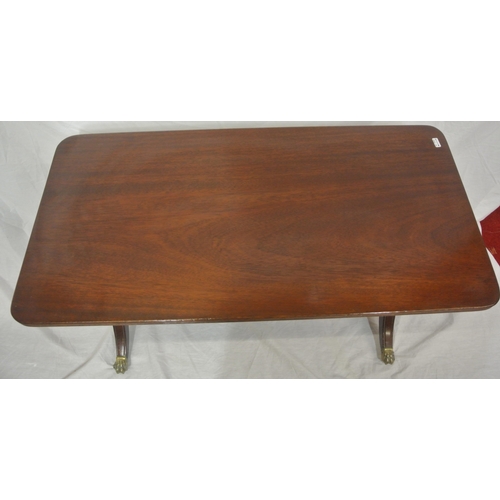 81 - Edwardian design mahogany coffee table with reeded borders, lyre supports on splayed legs with caste... 