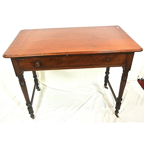 86 - Victorian mahogany hall or side table with frieze drawer, turned legs with casters and stretchers (m... 