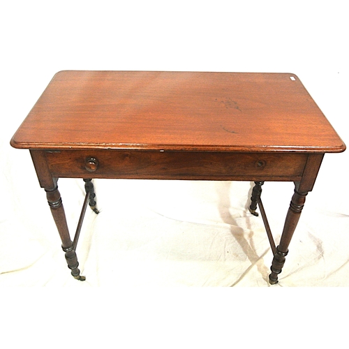 86 - Victorian mahogany hall or side table with frieze drawer, turned legs with casters and stretchers (m... 