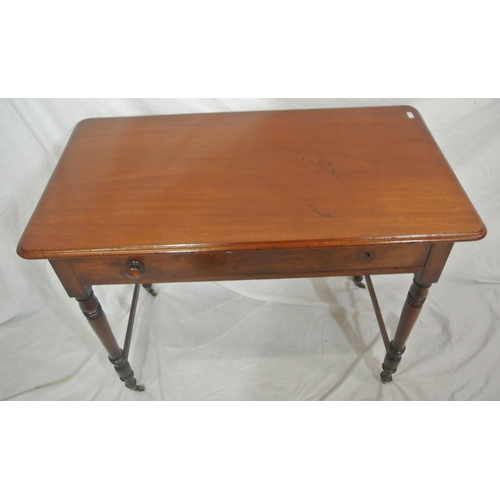 86 - Victorian mahogany hall or side table with frieze drawer, turned legs with casters and stretchers (m... 