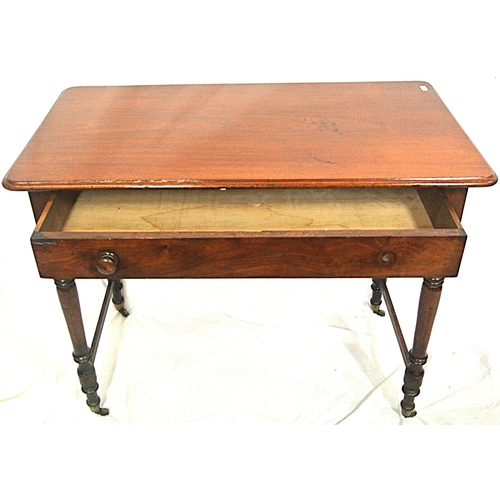 86 - Victorian mahogany hall or side table with frieze drawer, turned legs with casters and stretchers (m... 