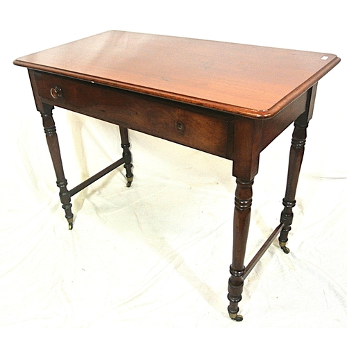 86 - Victorian mahogany hall or side table with frieze drawer, turned legs with casters and stretchers (m... 