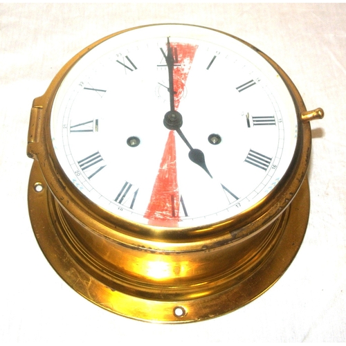 94 - Edwardian style round brass cased ships clock with enamel dial