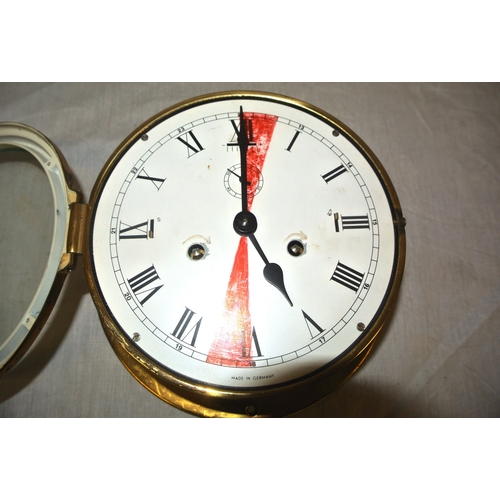 94 - Edwardian style round brass cased ships clock with enamel dial