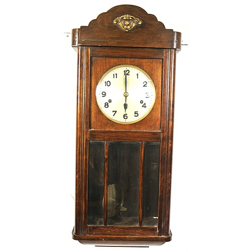 227 - Edwardian style mahogany cased wall clock with brass framed dial and pendulum