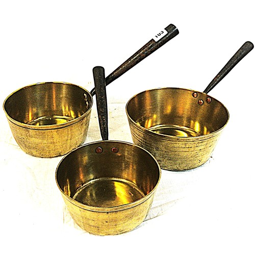 239 - Set of 3 brass pots with metal handles