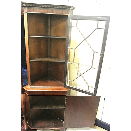 350 - Edwardian style mahogany corner cabinet with dentil frieze, glazed door with shelved interior, press... 