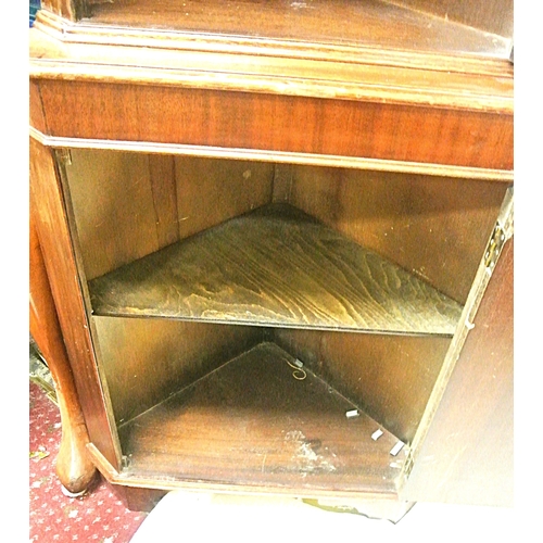 350 - Edwardian style mahogany corner cabinet with dentil frieze, glazed door with shelved interior, press... 