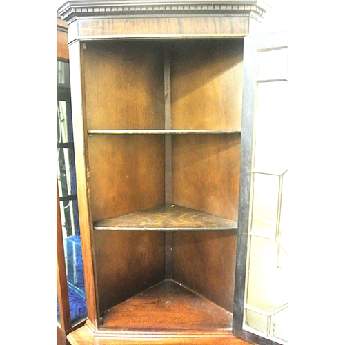 350 - Edwardian style mahogany corner cabinet with dentil frieze, glazed door with shelved interior, press... 