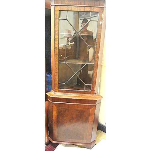 350 - Edwardian style mahogany corner cabinet with dentil frieze, glazed door with shelved interior, press... 