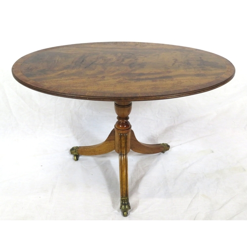 316 - Edwardian design oval crossbanded mahogany occasional table with reeded border, turned column, on hi... 
