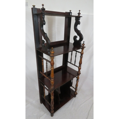 320 - Victorian mahogany 4 tier whatnot with turned & shaped columns, on bun feet