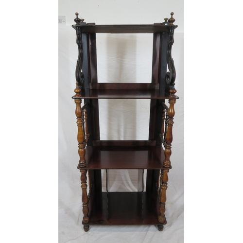 320 - Victorian mahogany 4 tier whatnot with turned & shaped columns, on bun feet